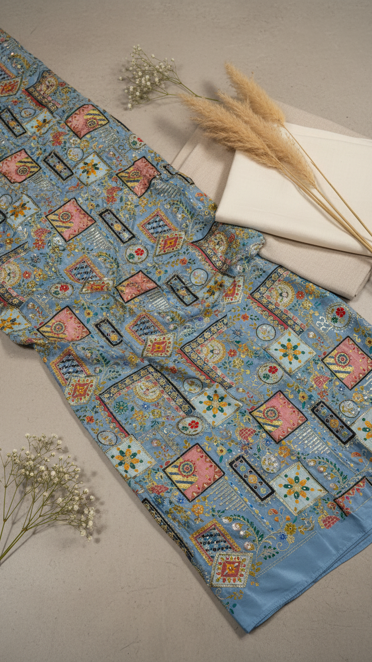 Designer Floral Position Printed Nehru Koti Only Fabric