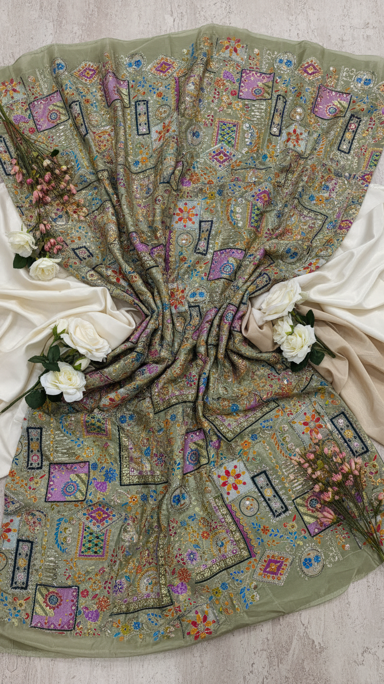 Position Print Embroidery Crepe Fabric