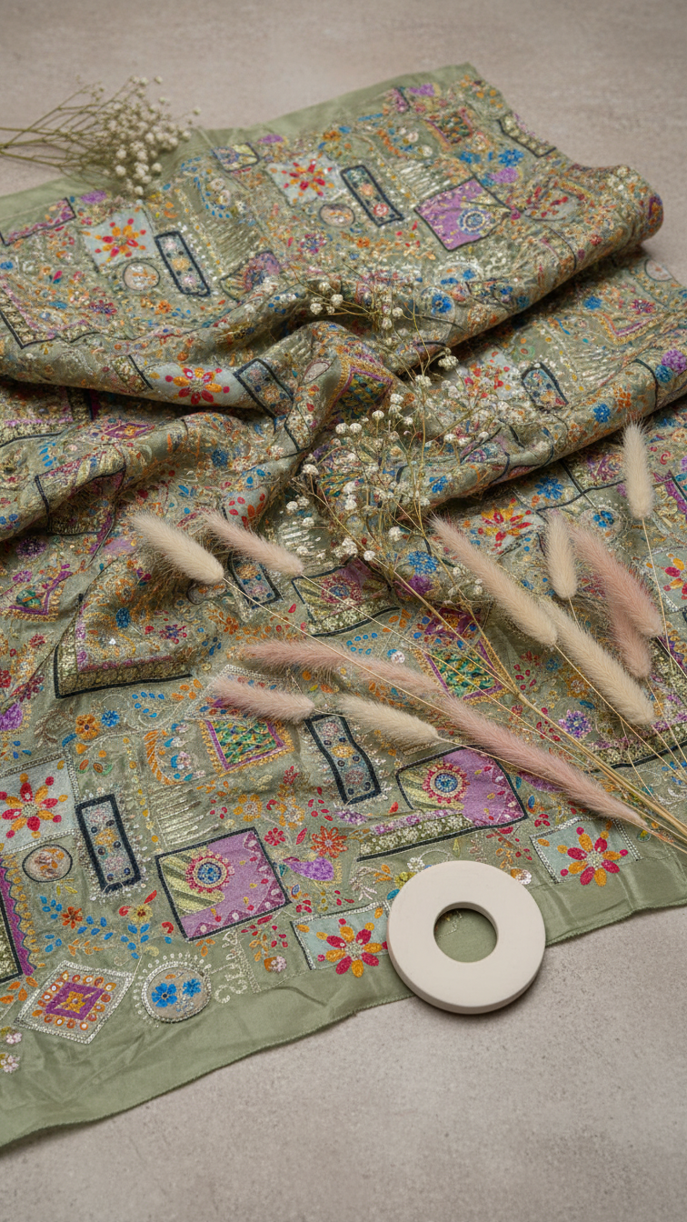 Position Print Embroidery Crepe Fabric