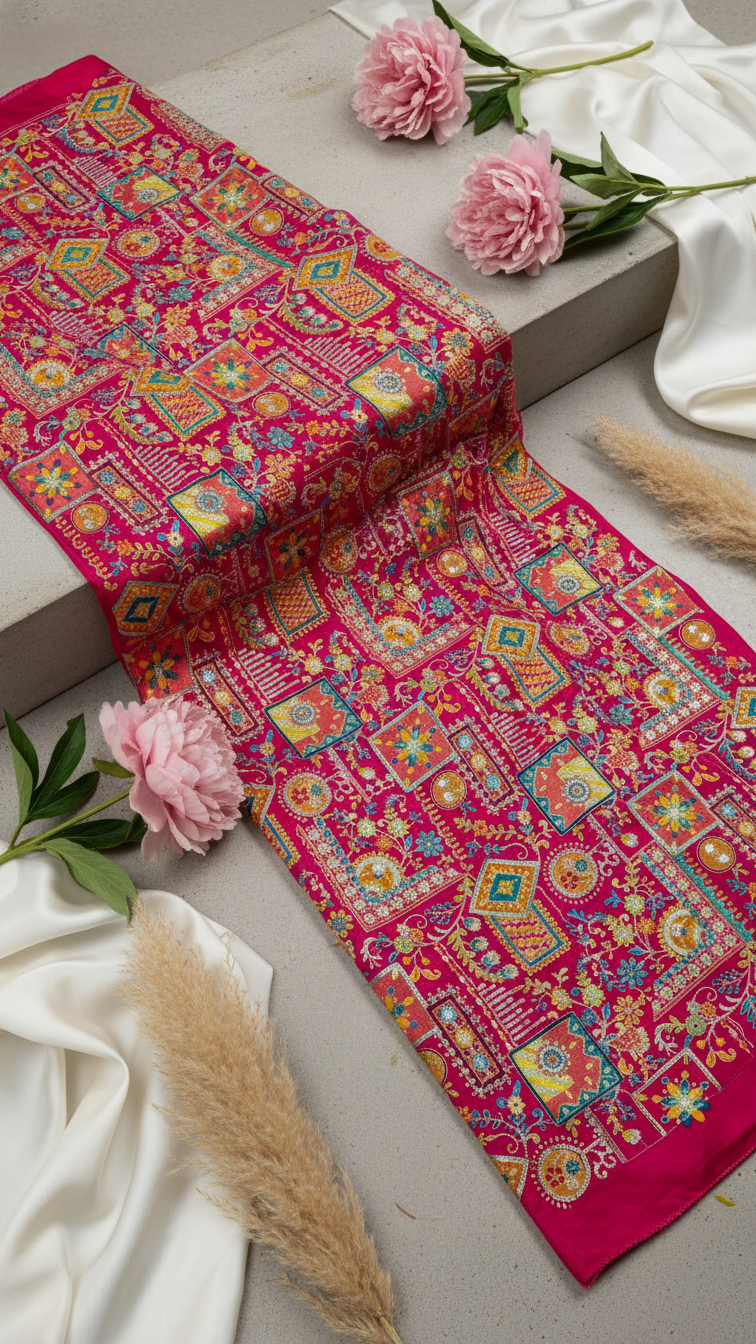 Position Print Embroidery Crepe Fabric