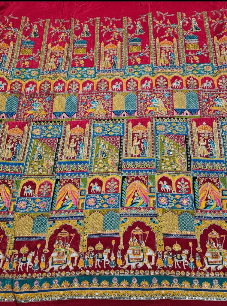 Zari with Sequins Floral Positional Print On Red Pure Crepe Fabric