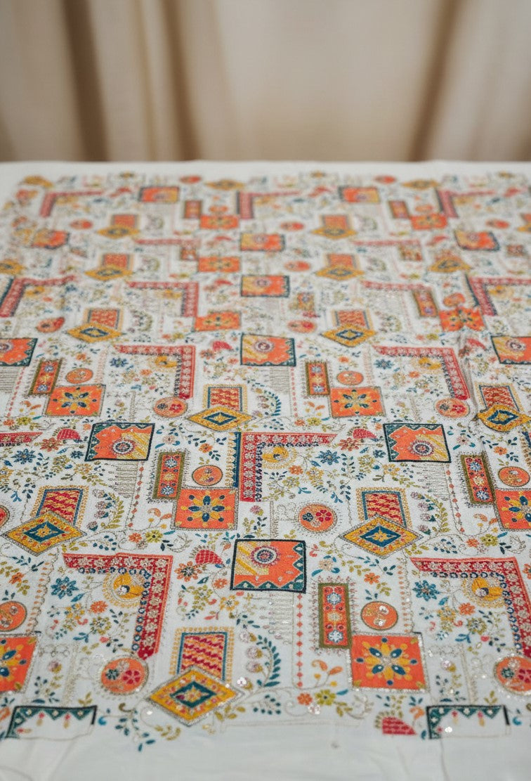 Position Print Embroidery Crepe Fabric