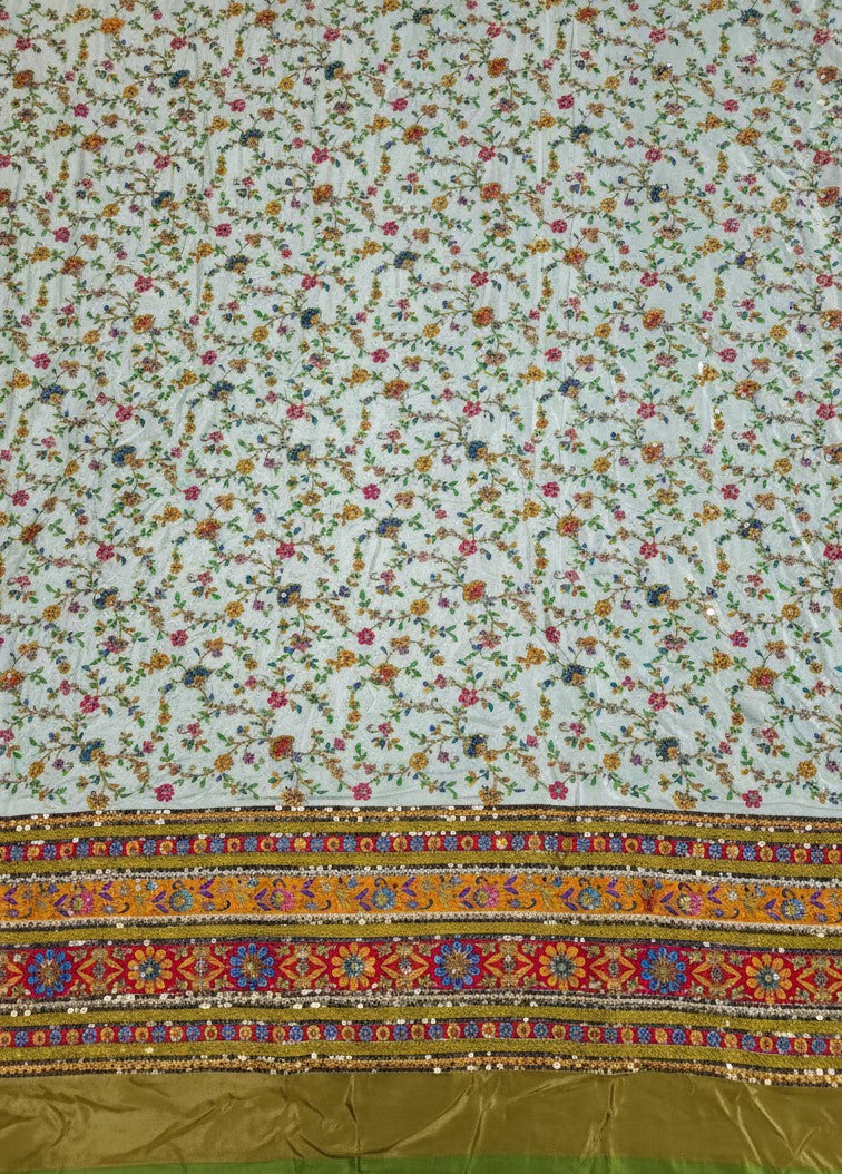 Zari with Sequins Floral Position Print On Cream Pure Crepe Fabric