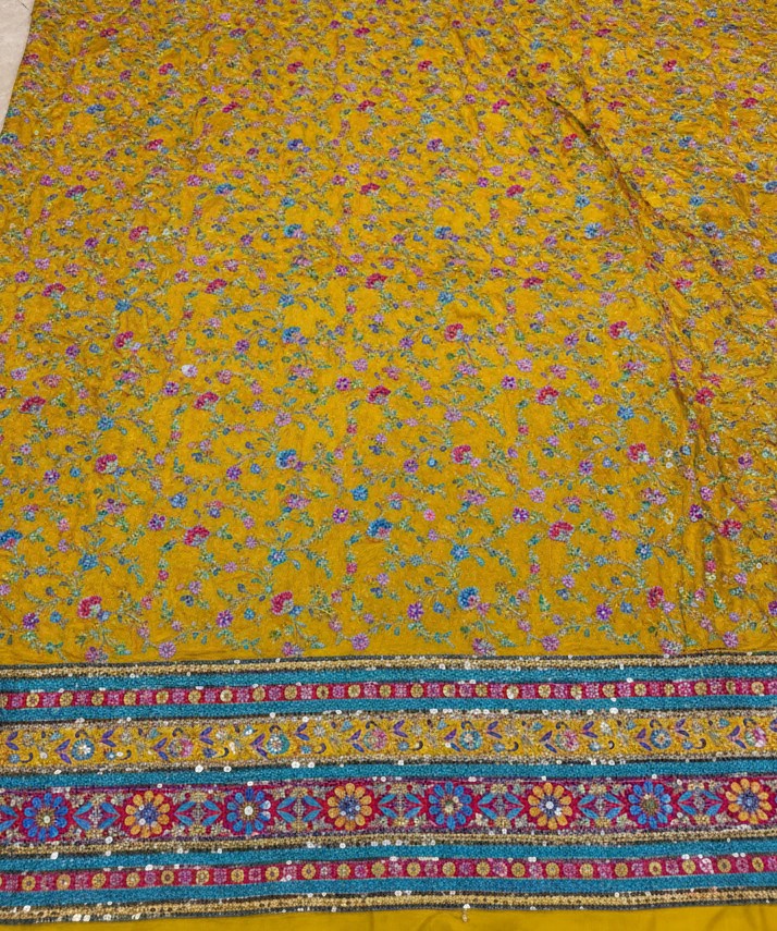 Zari with Sequins Floral Position Print On Mustad Pure Crepe Fabric