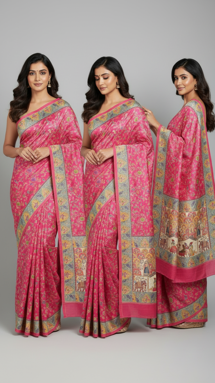 Dola silk Rani jacquard viscose Saree with Multicolor Floral Border