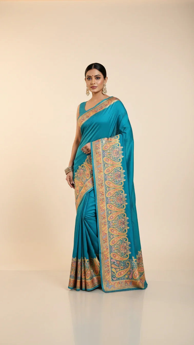 Rama Jacquard Viscose Saree With Position print