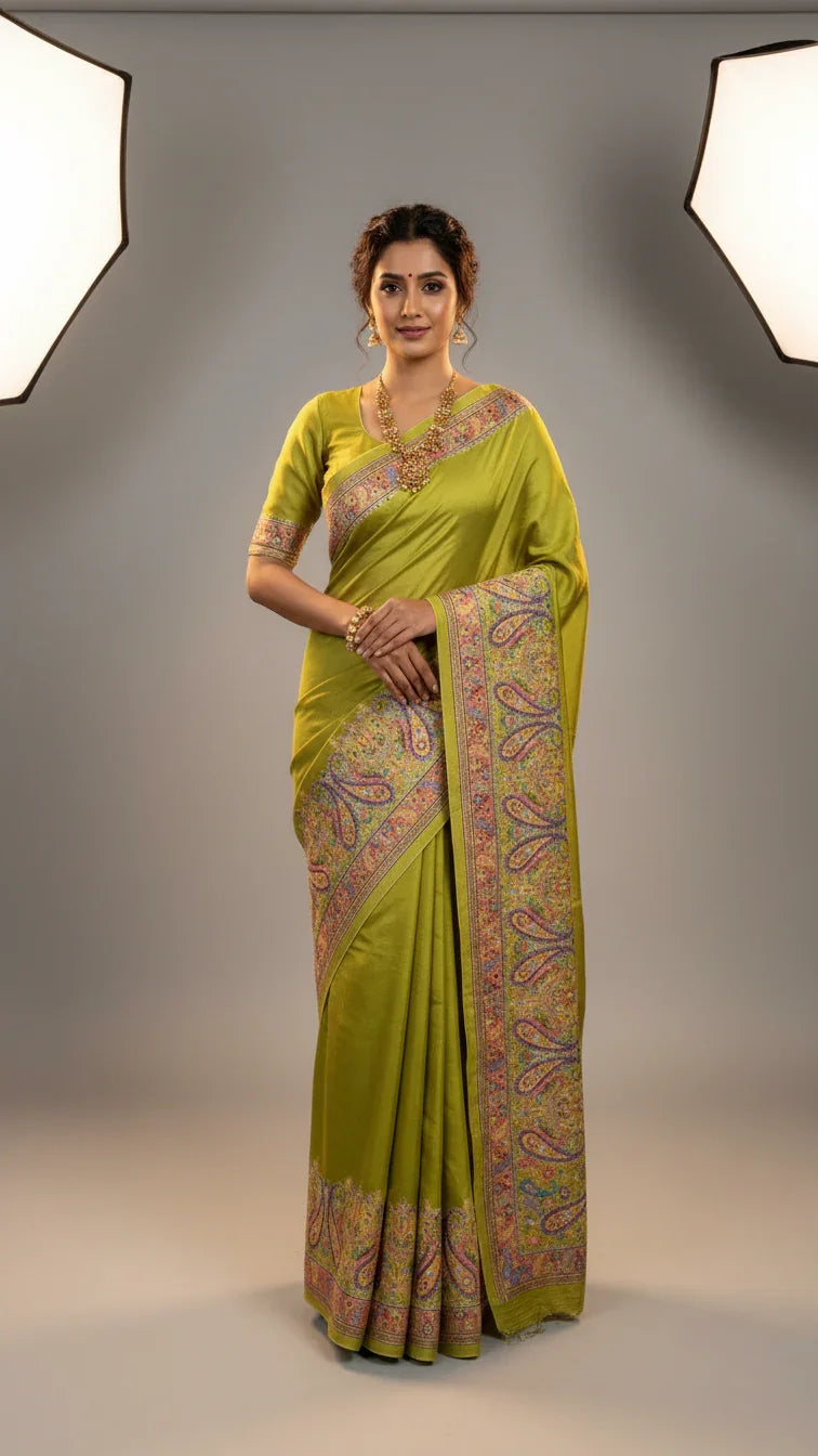 Olive Green Jacquard Viscose Saree With Position print