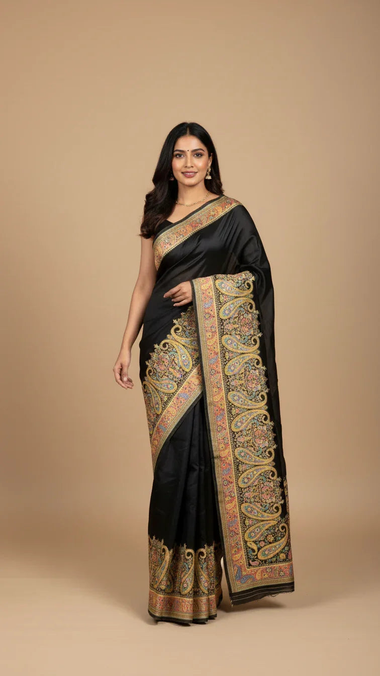 Elegant Black Jacquard Viscose Saree With Position print