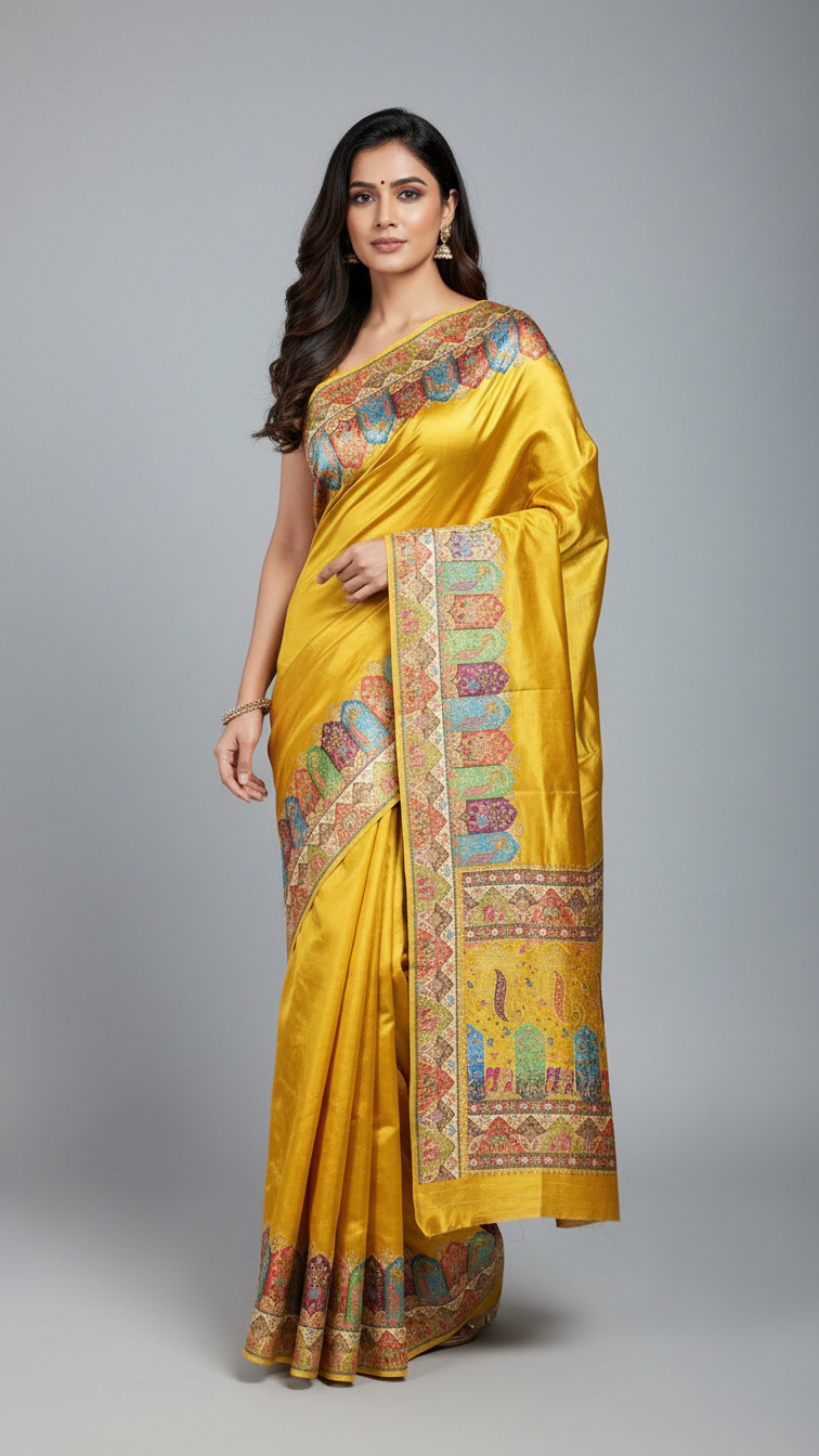 Yellow Satin Saree with Multicolor Traditional Border with Position Print