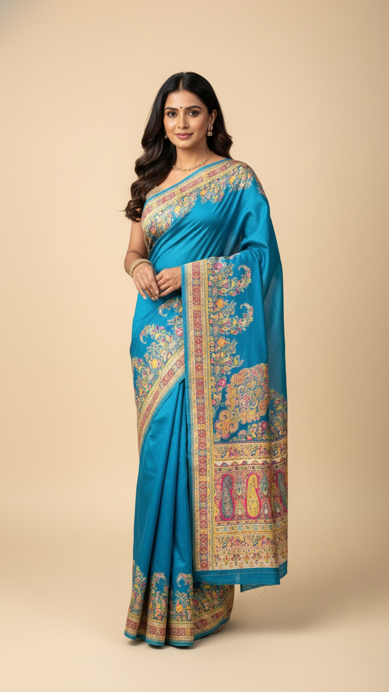 Rama Jacquard Viscose Saree With Position print
