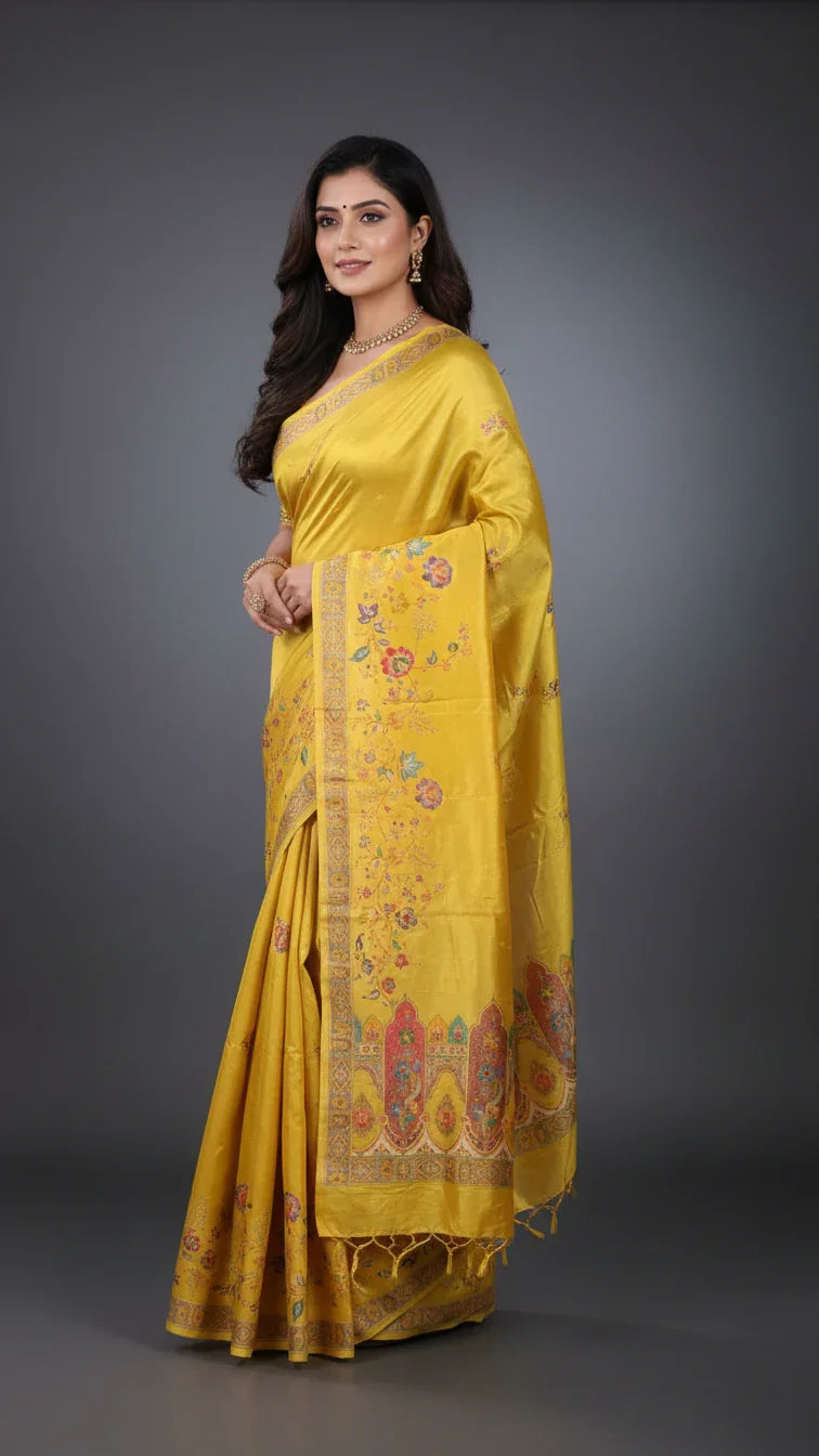 Mustard  Tissue Silk Saree With Position Print