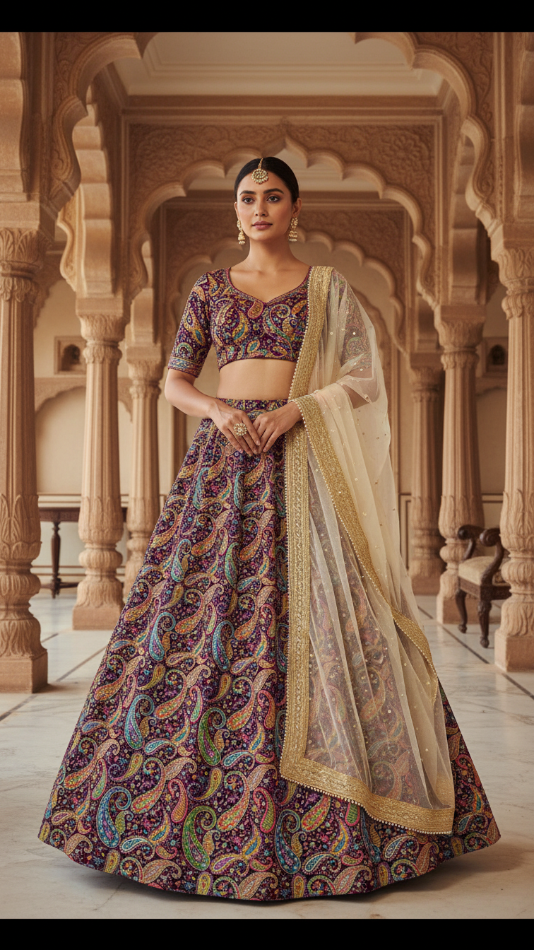 Purple Colour Pure Crepe Position Print Lehenga Set Only Fabric