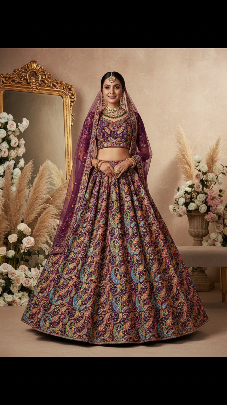 Purple Colour Pure Crepe Position Print Lehenga Set Only Fabric