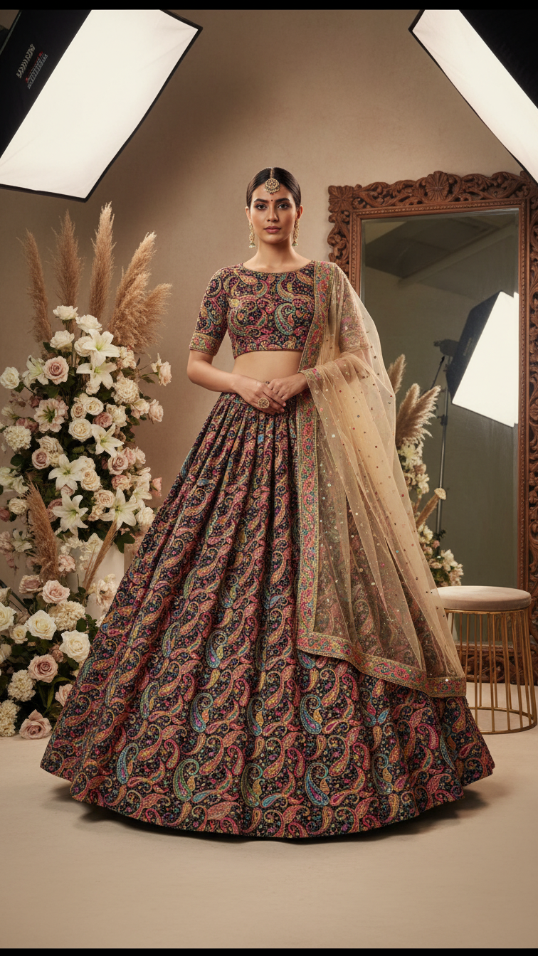 Black Colour Pure Crepe Position Print Lehenga Set Only Fabric