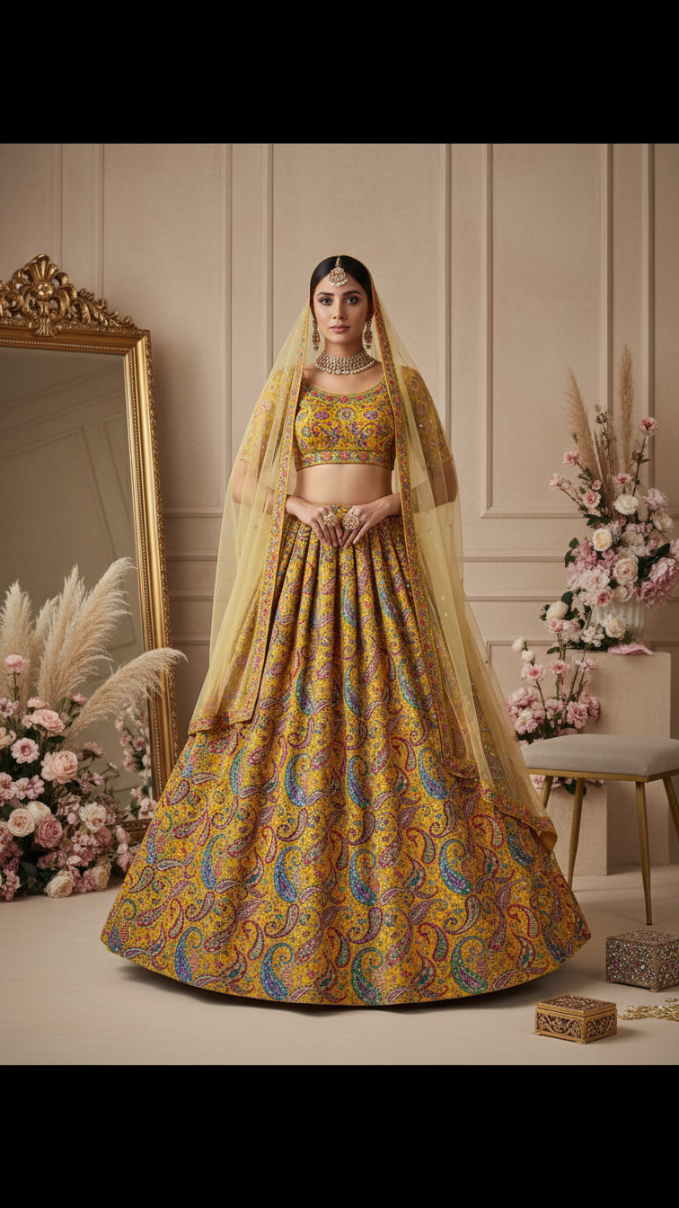 Mustad Colour Pure Crepe Position Print Lehenga Set Only Fabric