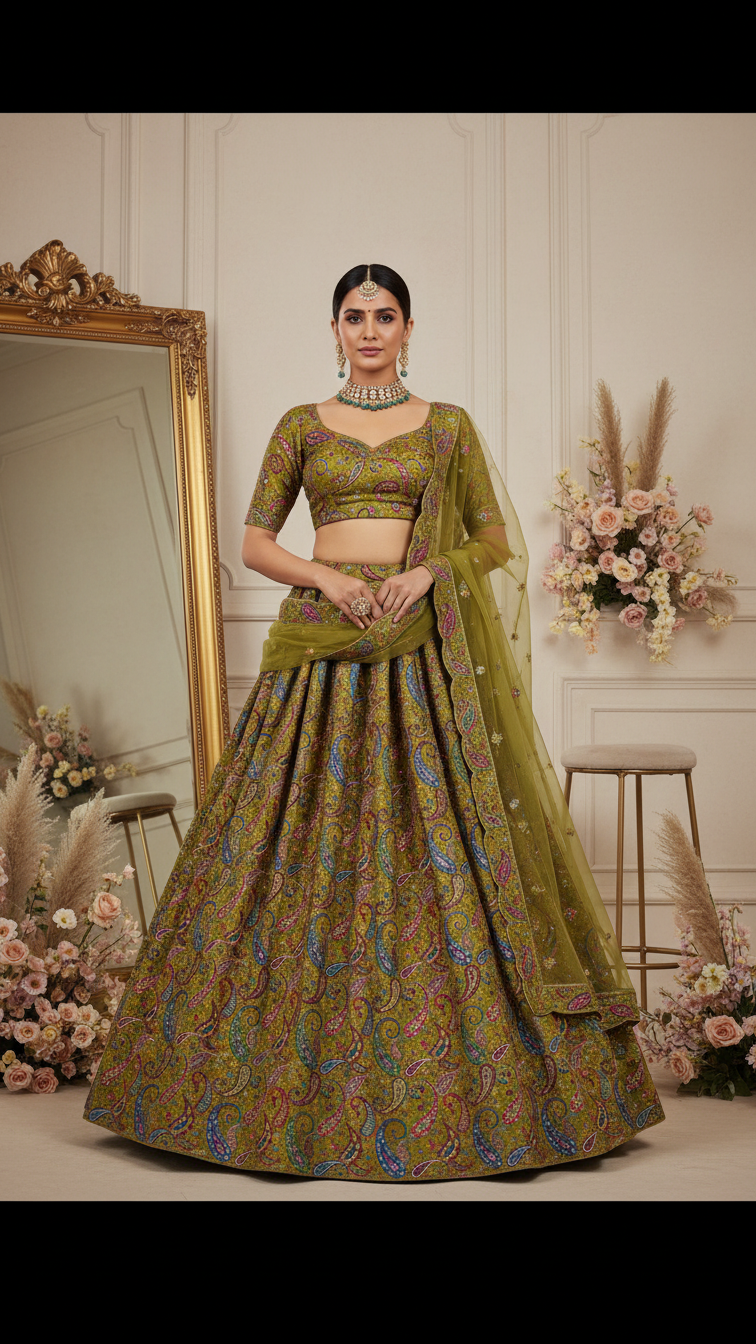 Olive Green Colour Pure Crepe Position Print Lehenga Set Only Fabric