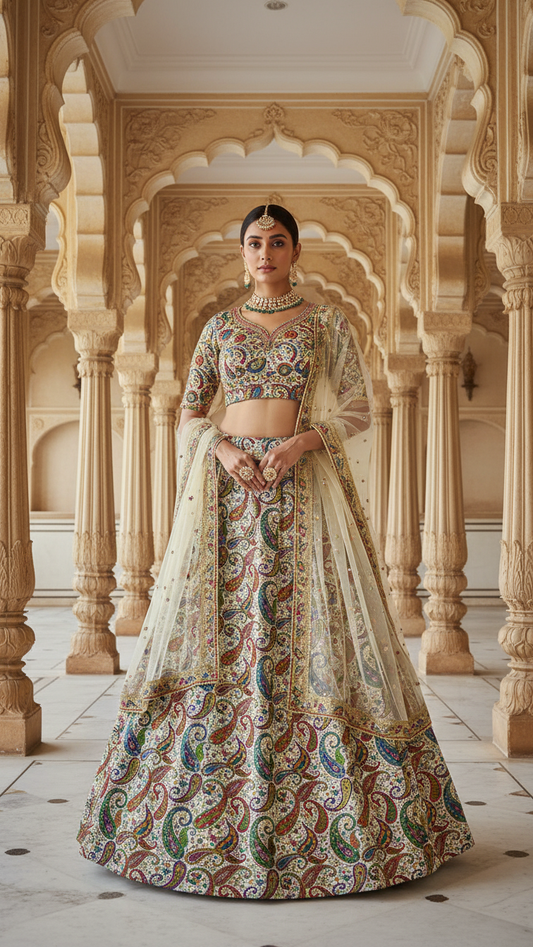 Cream Colour Pure Crepe Position Print Lehenga Set Only Fabric