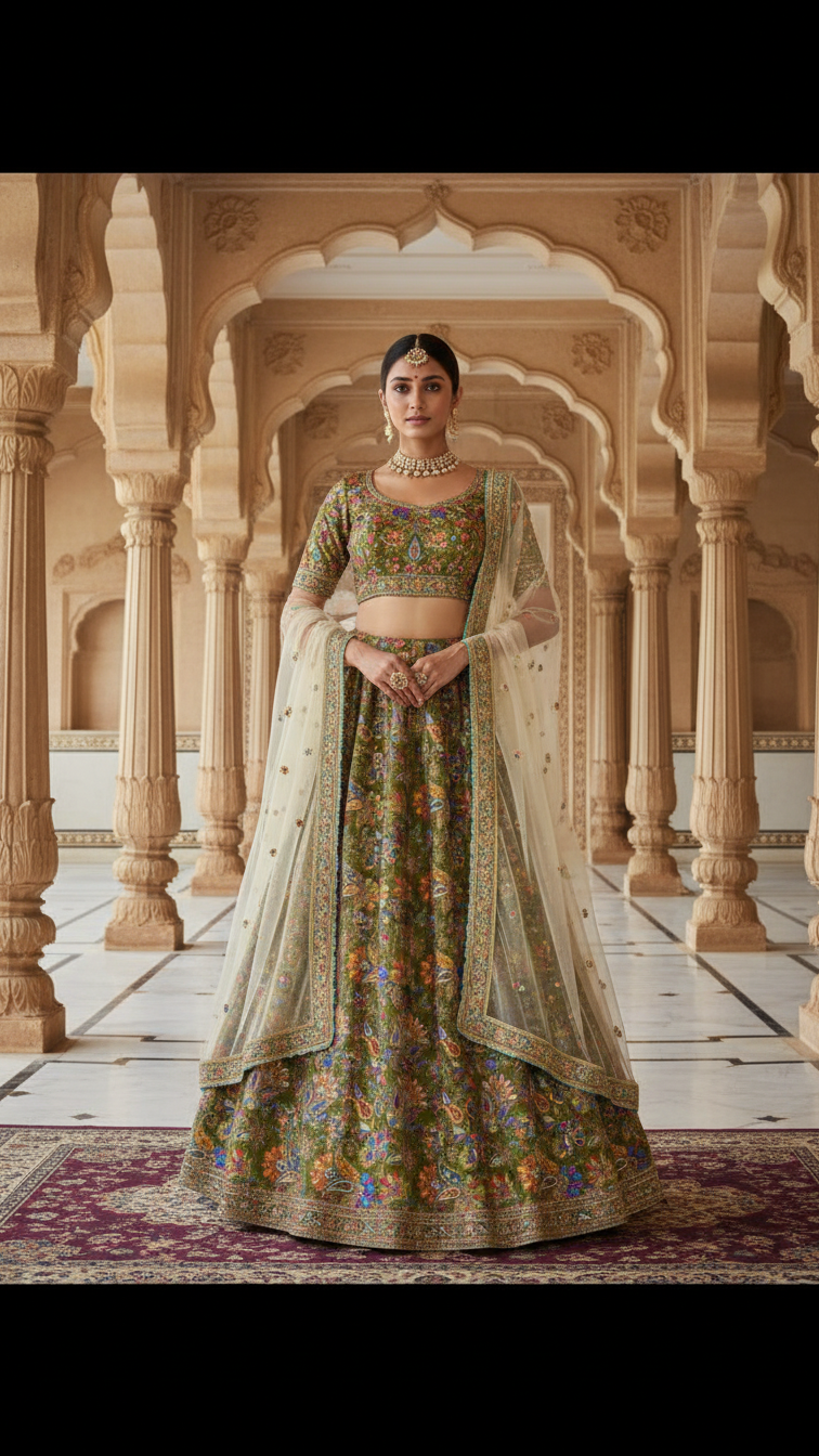 Position Print Floral Crepe Lehenga Set Only Fabric