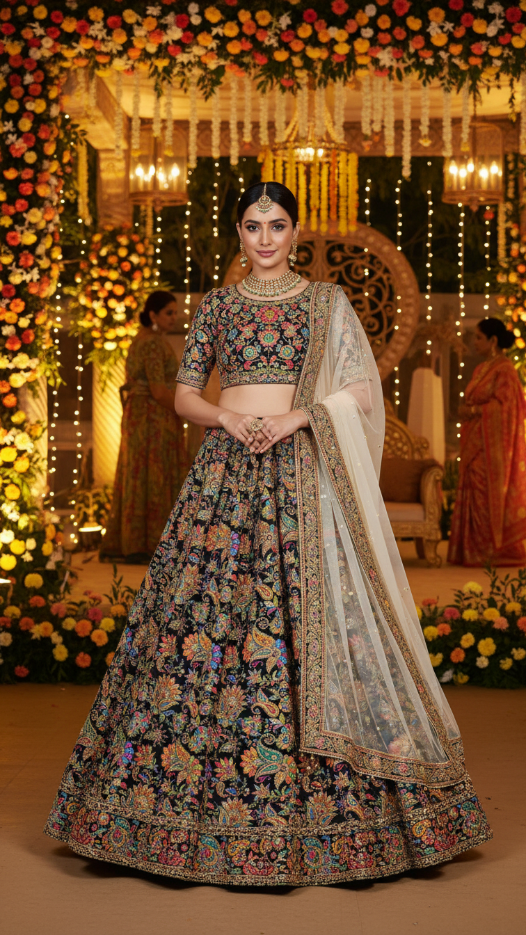 Position Print Floral Crepe Lehenga Set Only Fabric