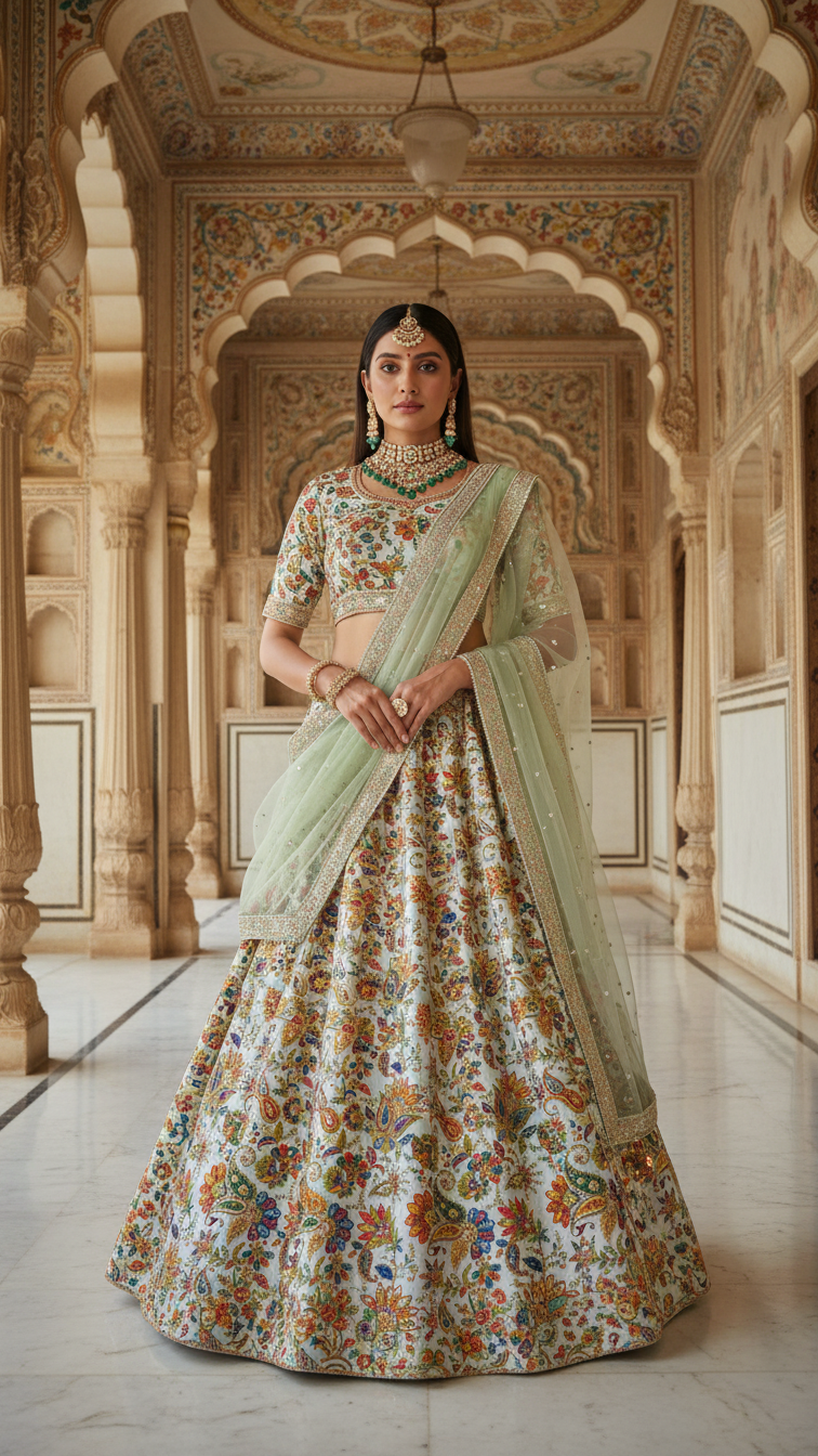 Position Print Floral Crepe Lehenga Set Only Fabric