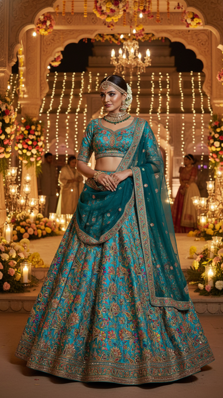 Position Print Floral Crepe Lehenga Set Only Fabric