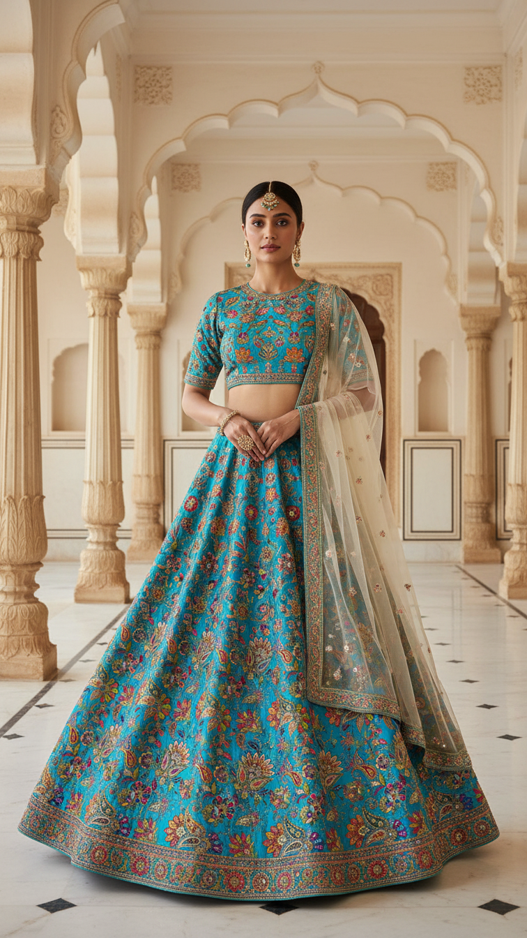 Position Print Floral Crepe Lehenga Set Only Fabric