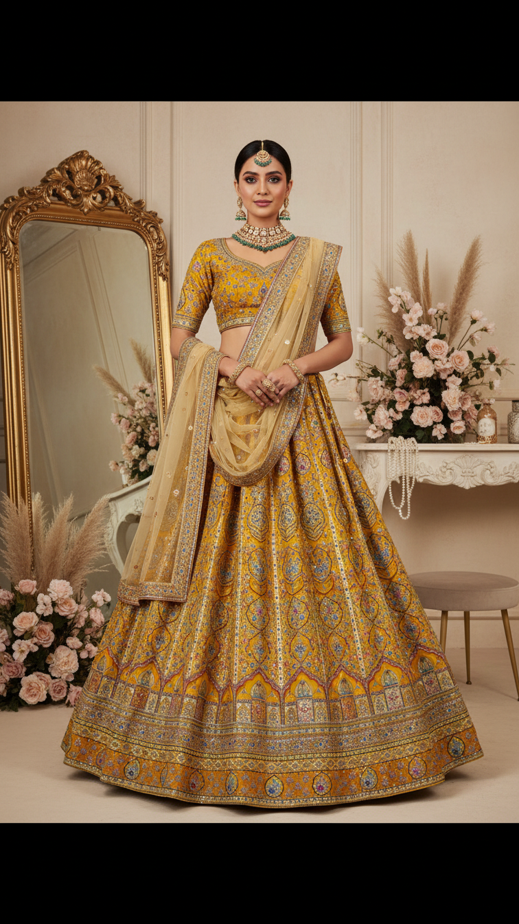 Royal Yellow Embroidered Bridal Lehenga Set Only Fabric