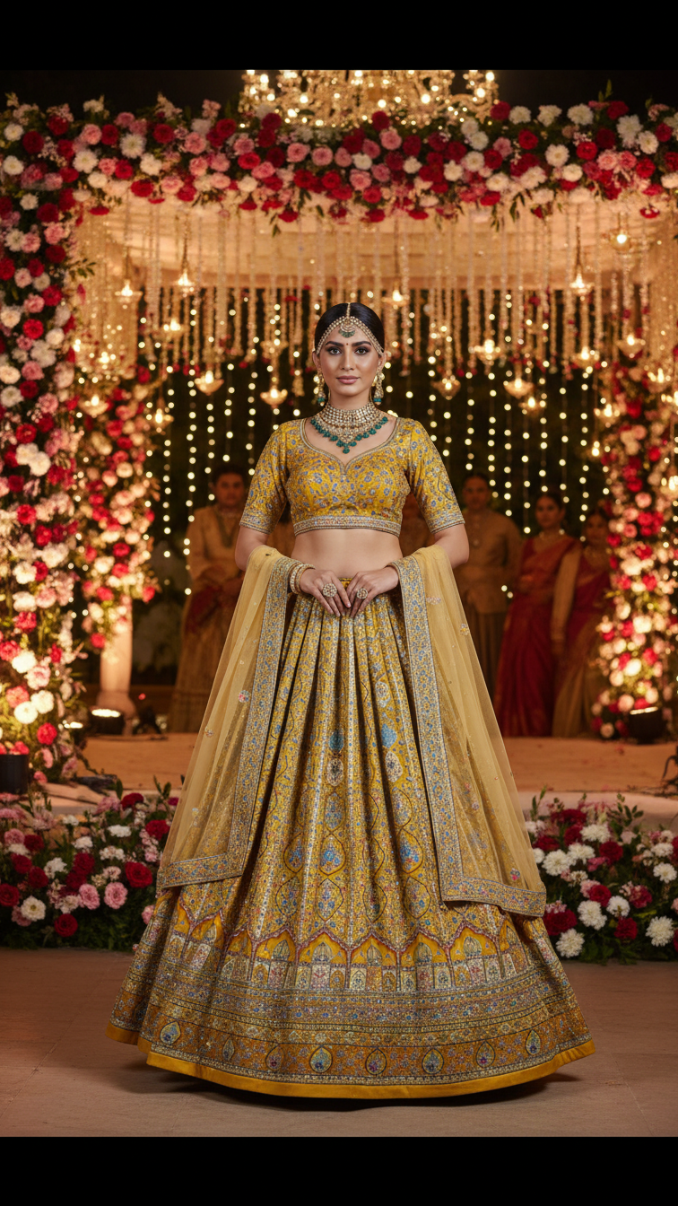 Royal Yellow Embroidered Bridal Lehenga Set Only Fabric