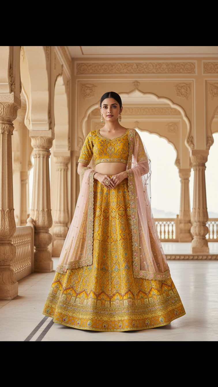 Royal Mustard Yellow Embroidered Bridal Lehenga Set Only Fabric