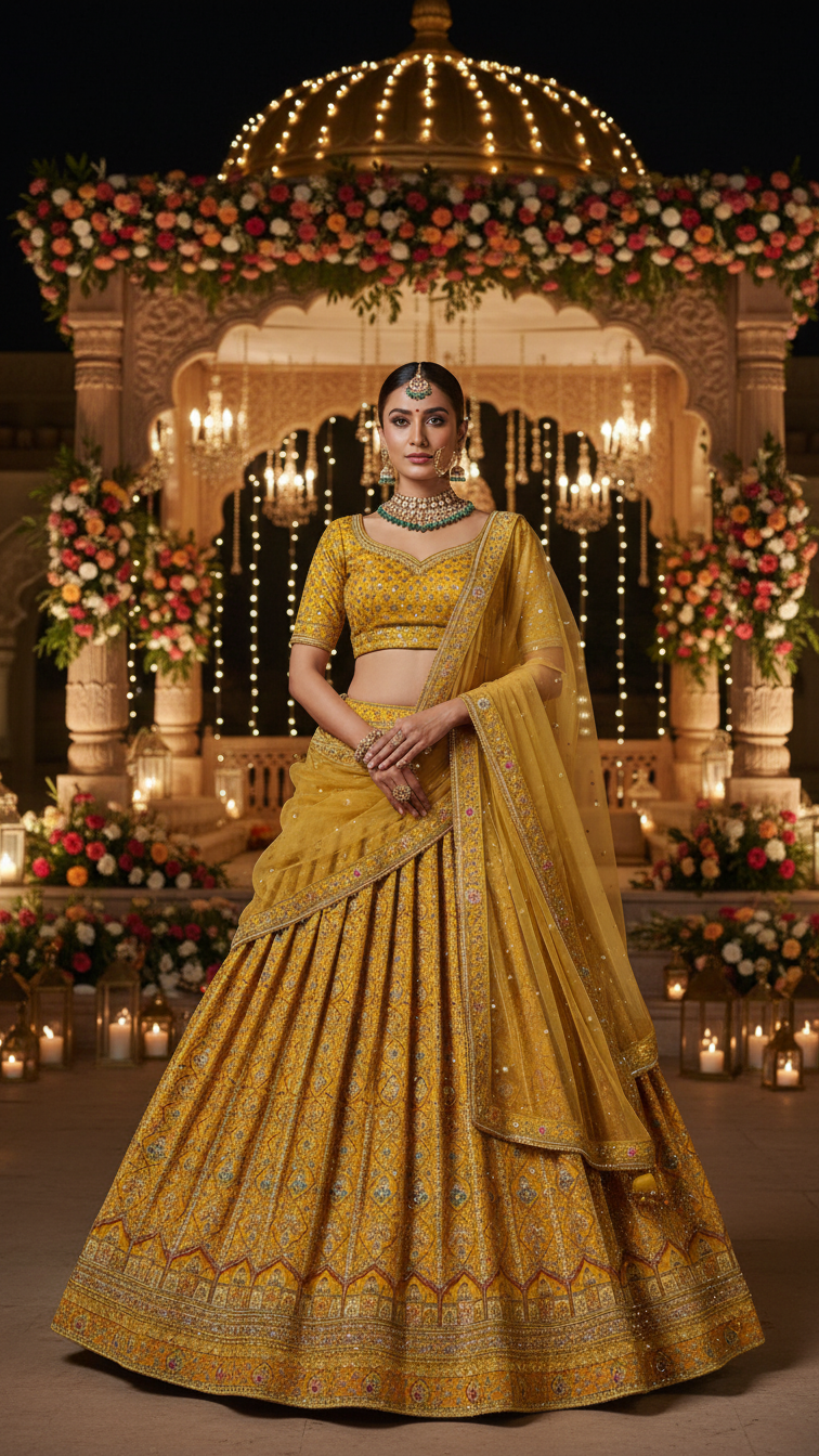 Royal Mustard Yellow Embroidered Bridal Lehenga Set Only Fabric