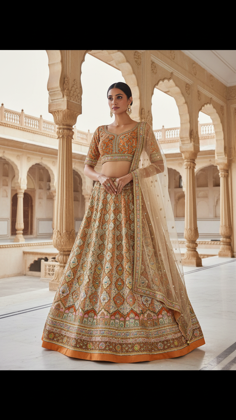 Warm Beige Embroidered Bridal Lehenga Set Only Fabric