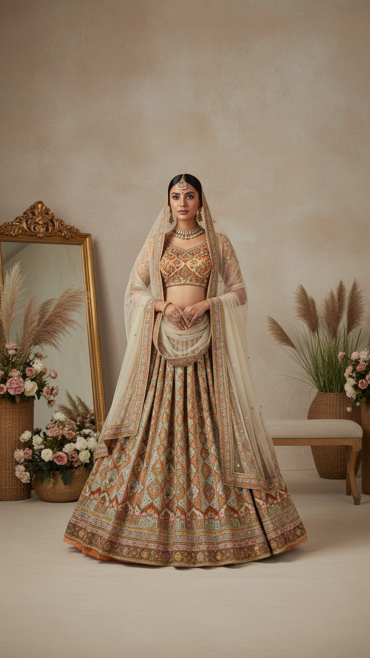 Warm Beige Embroidered Bridal Lehenga Set Only Fabric