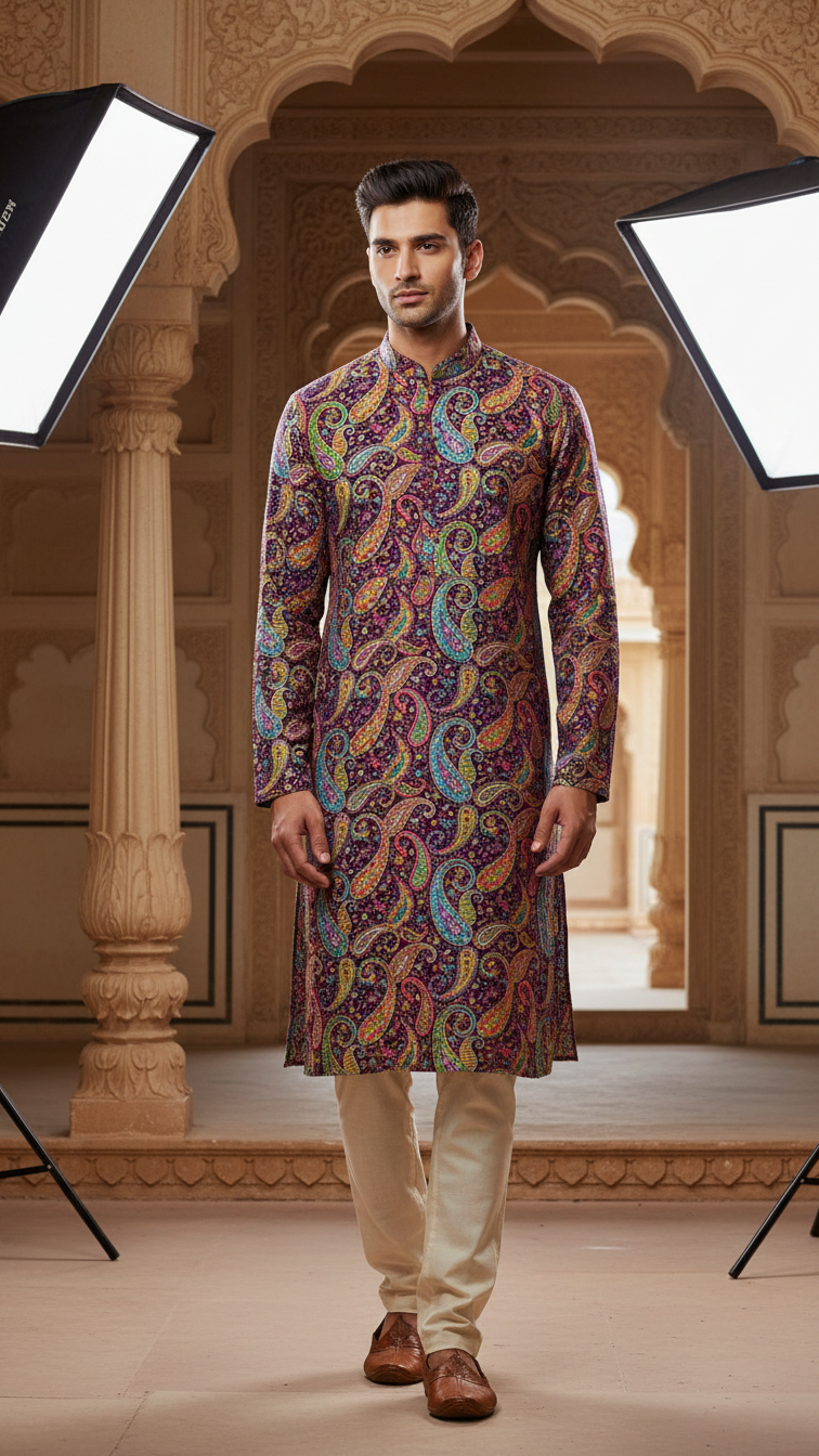 Purple Colour Position Print embroidery Crepe Kurta only Fabric