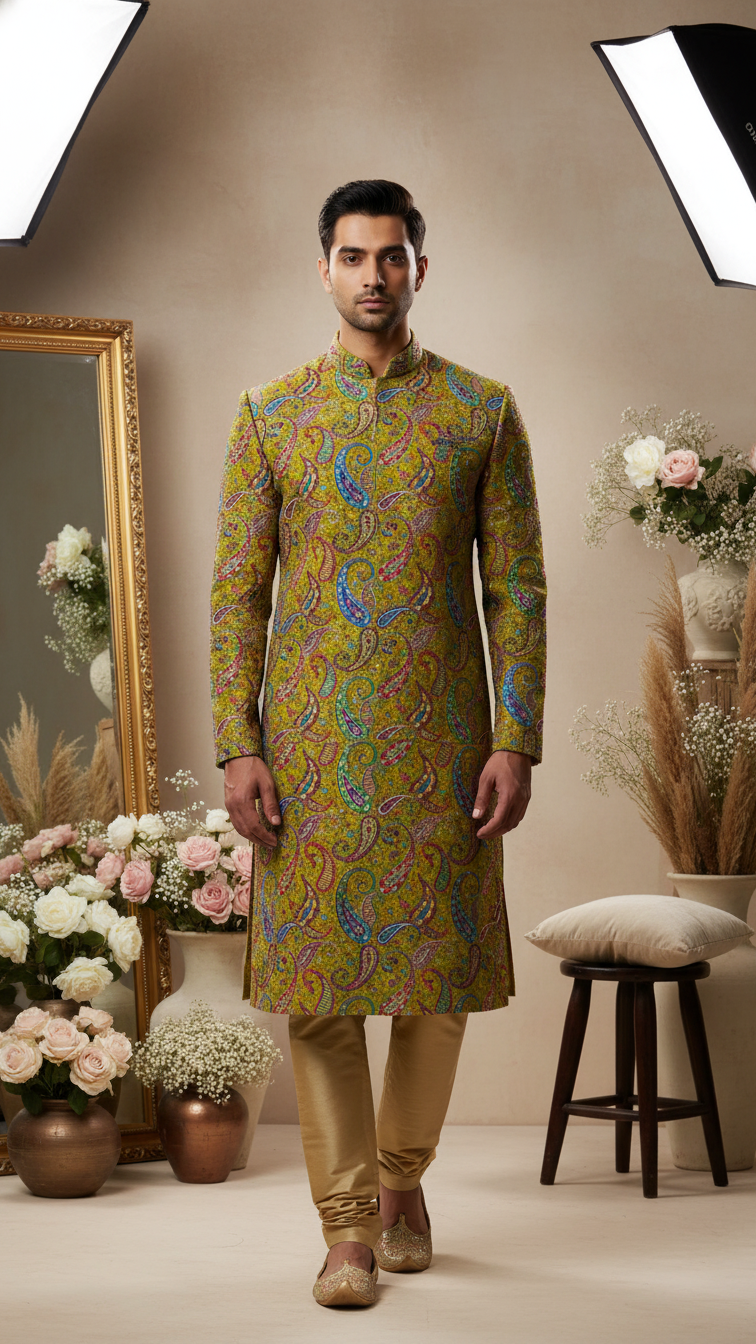 Olive Green Position Print embroidery Crepe Kurta only Fabric