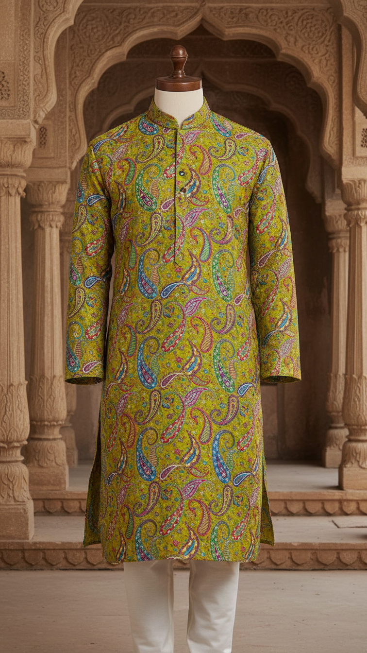 Olive Green Position Print embroidery Crepe Kurta only Fabric
