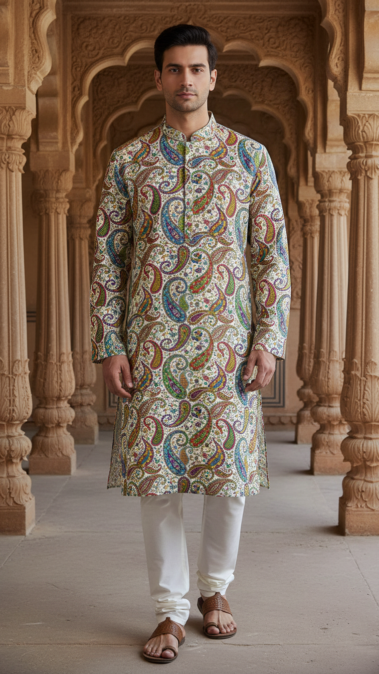 Cream Colour Position Print embroidery Crepe Kurta only Fabric