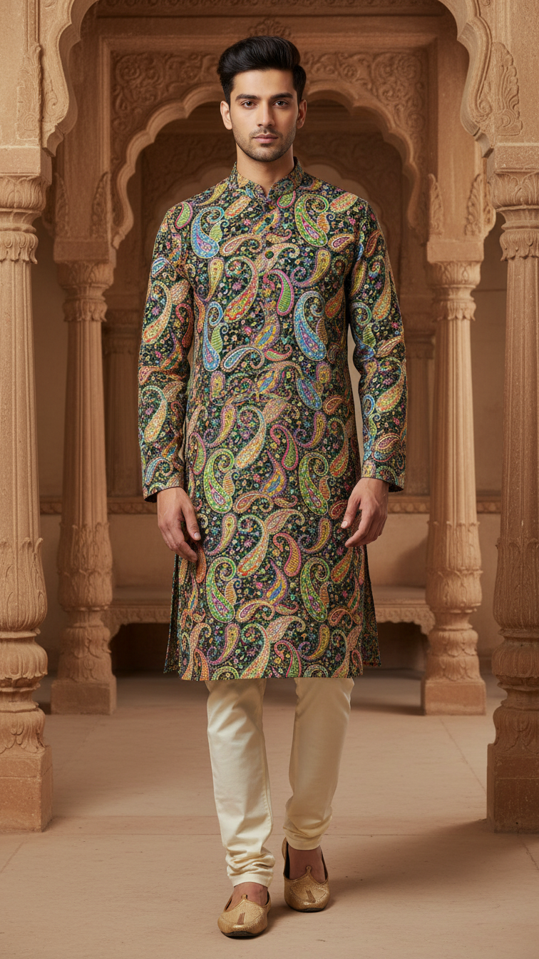 Green Position Print embroidery Crepe Kurta only Fabric