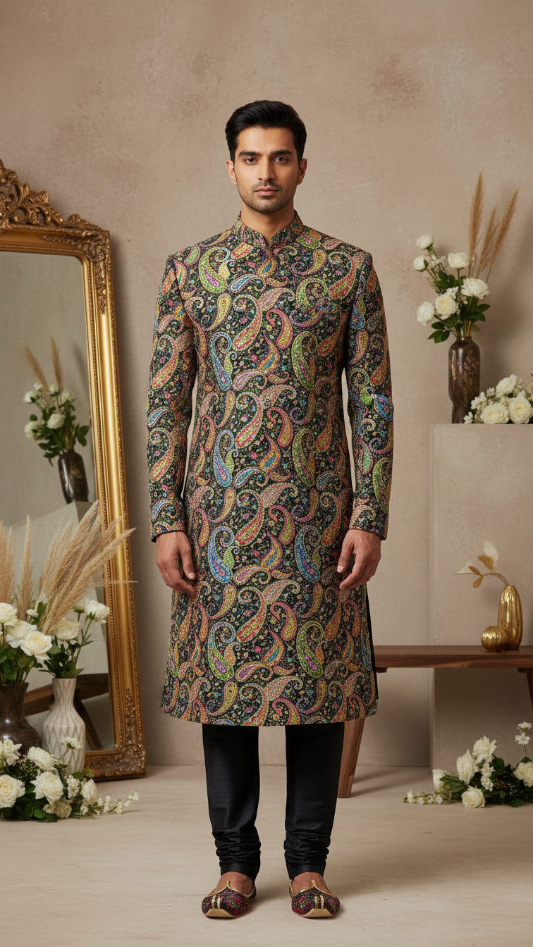 Green Position Print embroidery Crepe Kurta only Fabric
