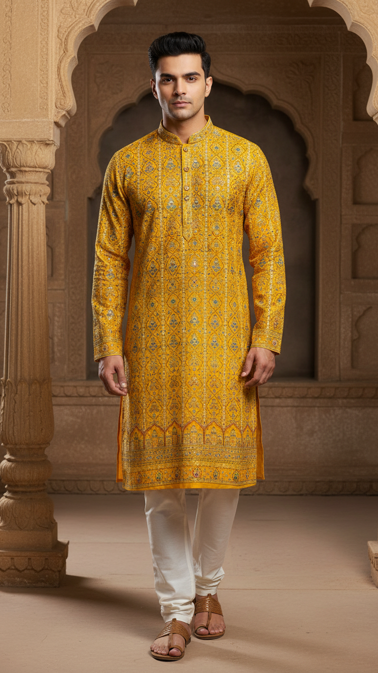 Royal Yellow Position Print Crepe Kurta Fabric Only