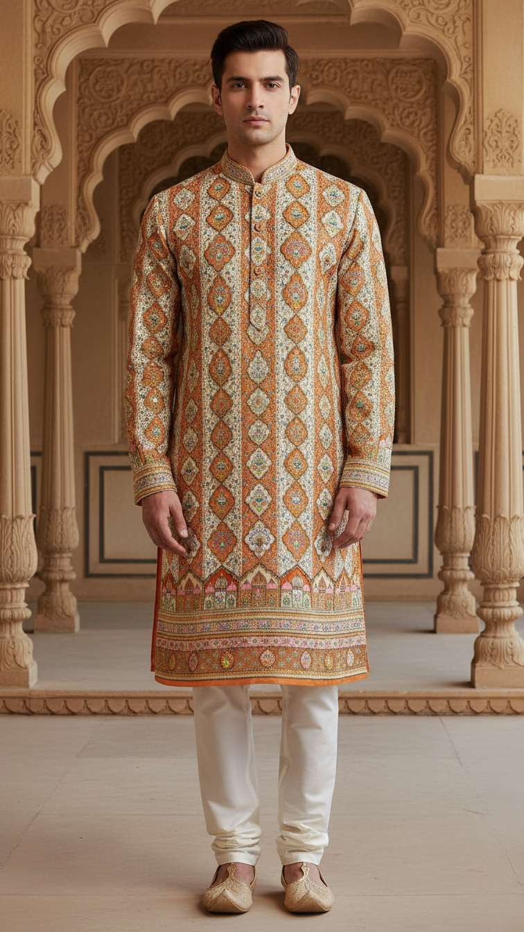 Warm Beige Position Print Crepe Kurta Fabric Only