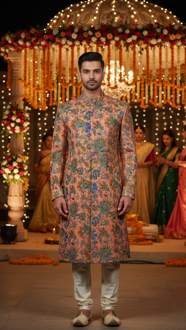 Men's Multicolor Crepe Position Print embroidery Kurta Only Fabric