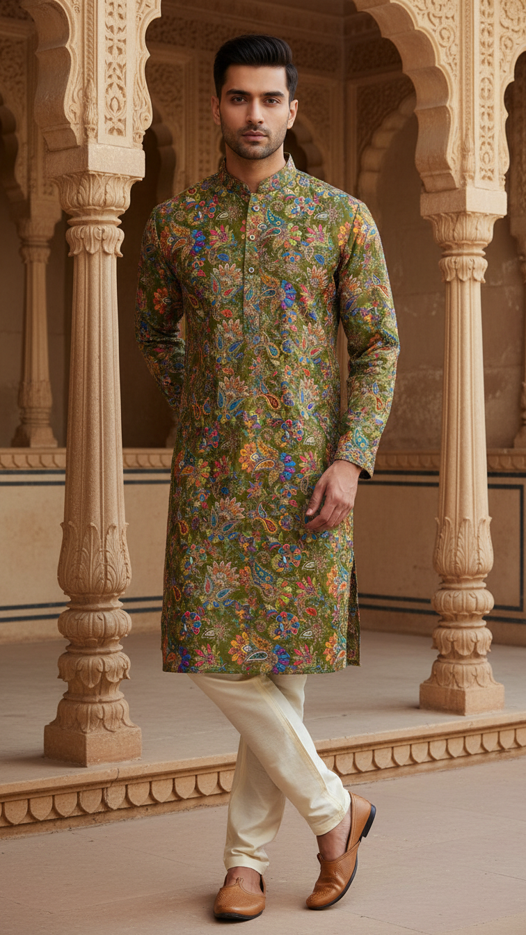 Men's Multicolor Crepe Position Print embroidery Kurta Only Fabric