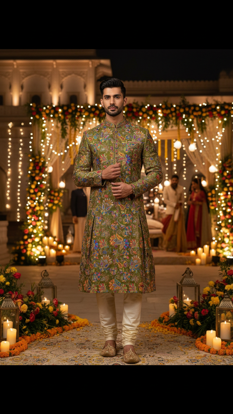 Men's Multicolor Crepe Position Print embroidery Kurta Only Fabric