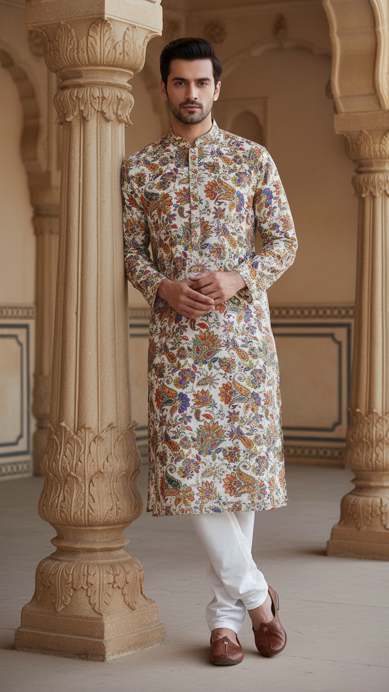 Men's Multicolor Crepe Position Print embroidery Kurta Only Fabric