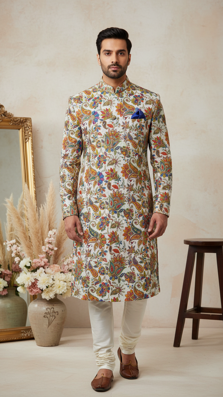 Men's Multicolor Crepe Position Print embroidery Kurta Only Fabric