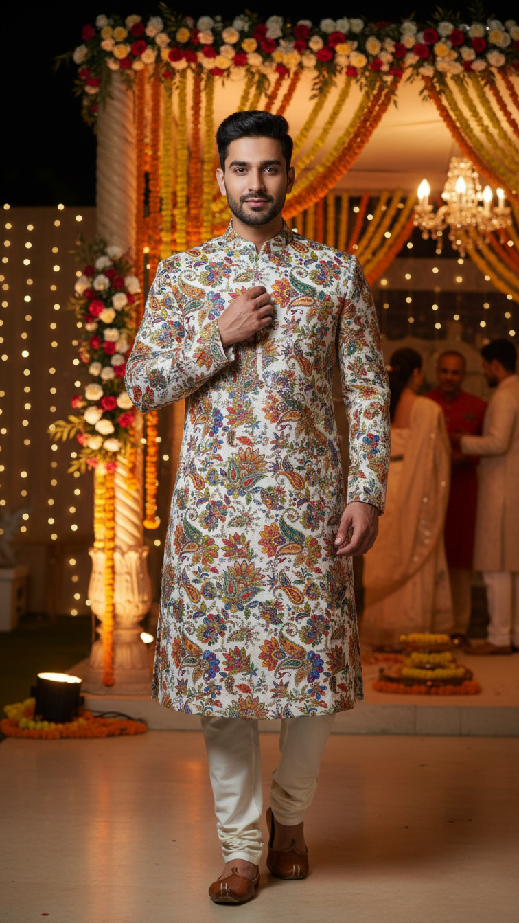 Men's Multicolor Crepe Position Print embroidery Kurta Only Fabric (MultiColour)