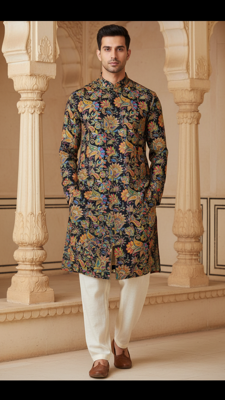 Men's Multicolor Crepe Position Print embroidery Kurta Only Fabric