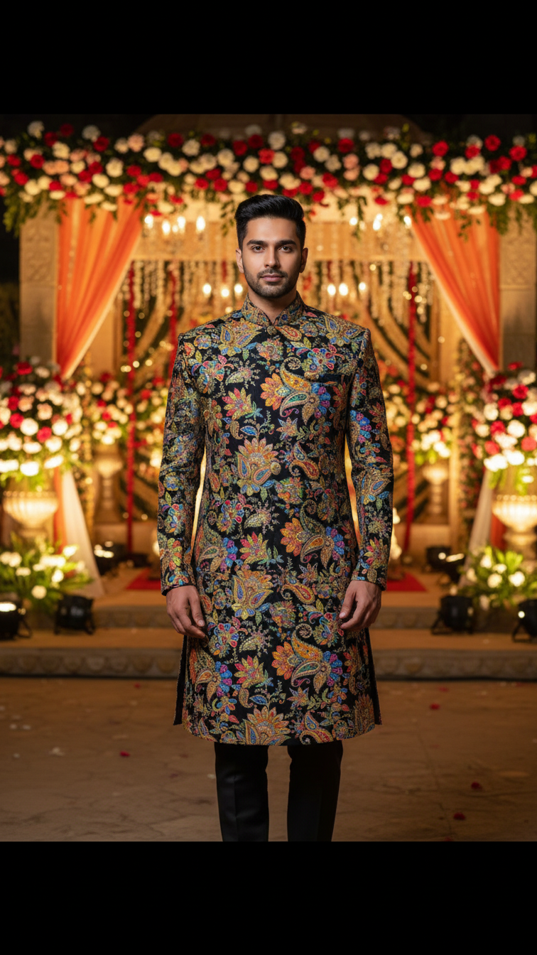 Men's Multicolor Crepe Position Print embroidery Kurta Only Fabric (MultiColour)