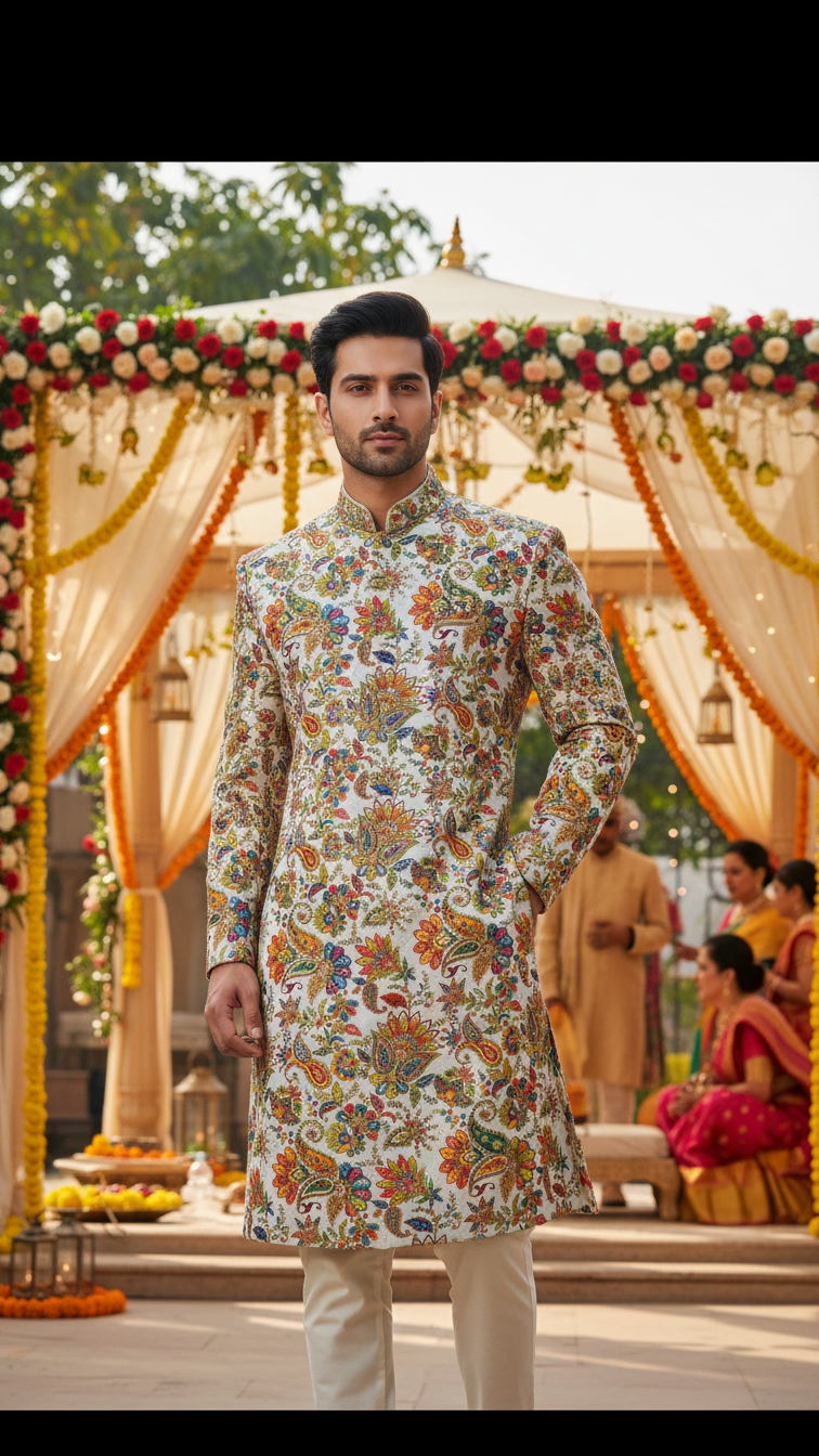 Men's Multicolor Crepe Position Print embroidery Kurta Only Fabric
