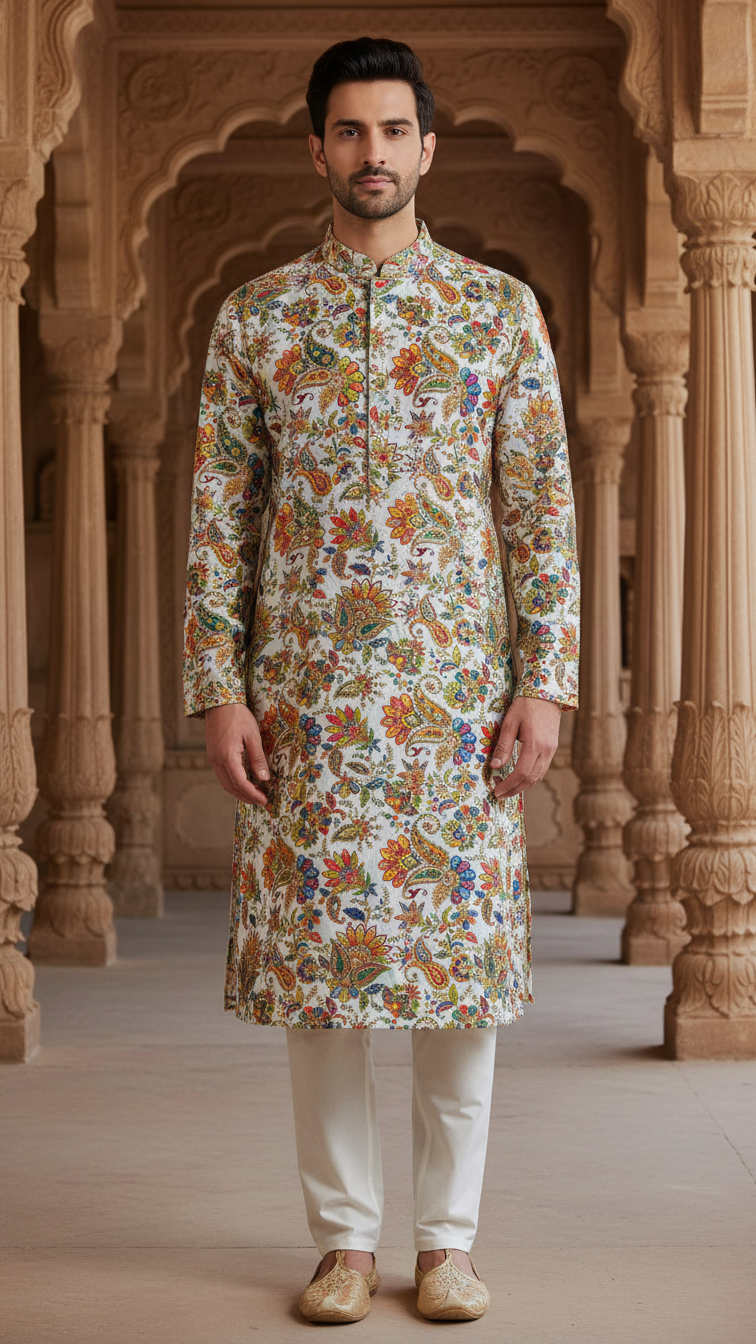 Men's Multicolor Crepe Position Print embroidery Kurta Only Fabric (MultiColour)
